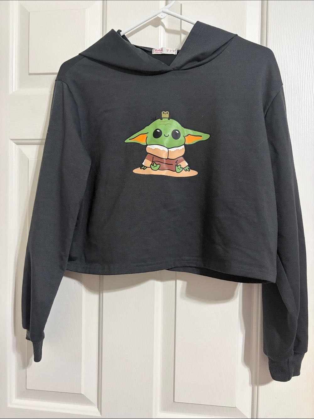 ROMWE Black Cropped Hoodie with Green Character Print